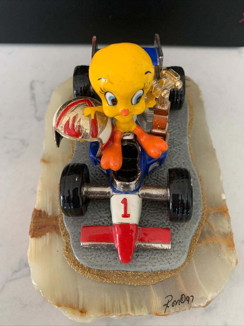 Tweety Bird Racing Car Sculpture- Yellow, Red, White & Blue Collectible